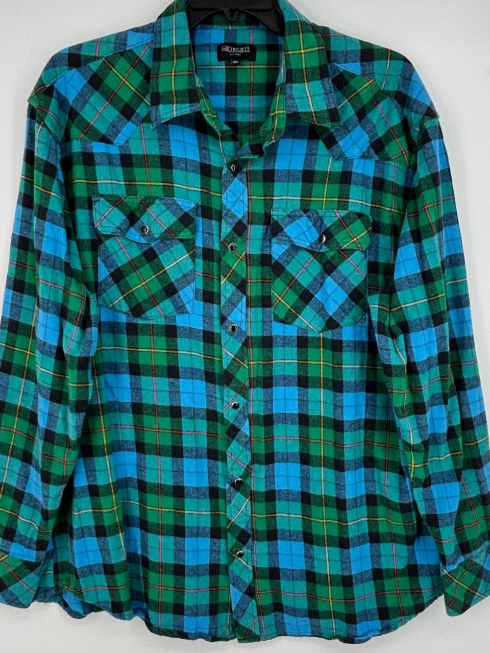 Gioberti Mens XXL Snap Front Western Shirt Blue Green Plaid Flannel Long Sleeves